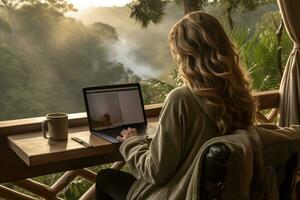 ai generado persona de libre dedicación mujer trabajando en línea con ordenador portátil y disfrutando hermosa montaña paisaje foto