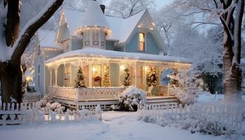 AI generated Enchanting winter wonderland cottage with festive christmas decorations and twinkling lights photo