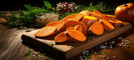 AI generated Organic sweet potato on rustic wooden background, ideal for healthy recipes and autumn themes photo