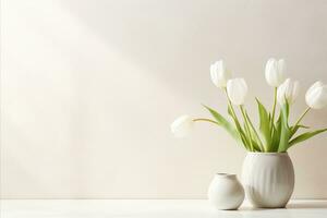 AI generated Serene and elegant  close up of white tulips on a white table, bathed in soft and gentle light tones photo