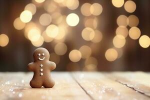 ai generado pan de jengibre hombre Galleta con cacao chapoteo en de madera mesa, rodeado por borroso Navidad luces foto