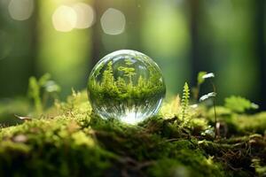 ai generado tierra día. verde globo en medio de bosque con musgo y soñador desenfocado luz de sol iluminación foto