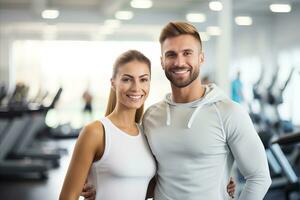 AI generated Energetic couple flexing muscles in vibrant gym, defocused background, text space available. photo