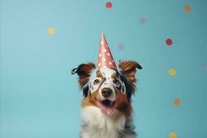 ai generado contento linda perro vistiendo fiesta sombrero celebrando a cumpleaños fiesta con papel picado en pastel antecedentes foto