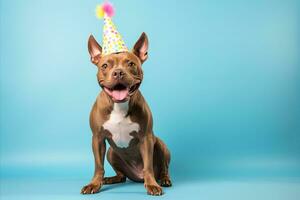 AI generated Happy dog celebrating birthday party with confetti and party hat on pastel background photo