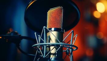 AI generated Studio condenser microphone on blurred background with audio mixer   musical instrument concept photo