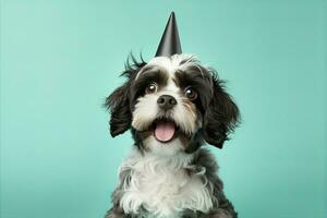 AI generated Happy dog celebrating birthday party with party hat and falling confetti on pastel background photo