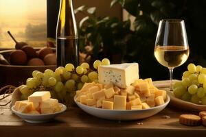 ai generado queso plato con uvas y blanco vino - tentador trío para elegante comida y vino emparejamientos. foto