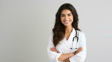 AI generated Smiling female doctor with stethoscope posing on grey background, healthcare concept. photo