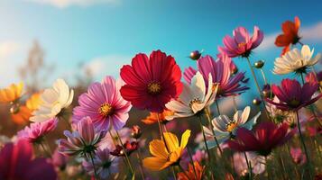 ai generado vibrante bokeh vistoso cosmos en iluminado por el sol prado, un pintoresco artístico imagen con suave atención foto