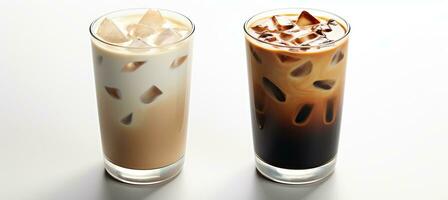 AI generated Set of black iced coffee and iced latte coffee with milk in tall glass isolated on white background photo