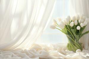 AI generated Enchanting close up of white tulips on white table, softly illuminated with a touch of elegance photo