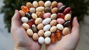 AI generated Closeup of pregnant woman holding various supplements and vitamins in white bottle, top view photo