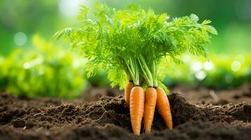 AI generated Fresh organic carrot vegetable growing in garden soil, closeup with natural background photo