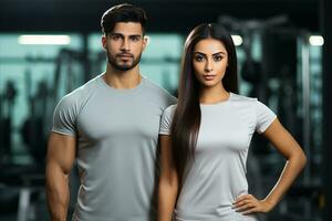 AI generated Fit and energetic couple flexing muscles in gym with bright colors on blurred background photo