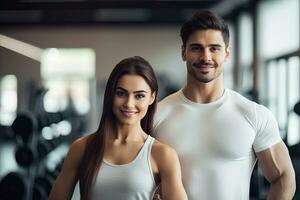 AI generated Energetic couple flexing in gym with vibrant colors on blurred background   copy space photo