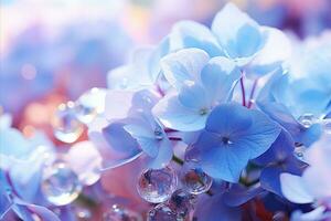 AI generated Hydrangea flowers on bokeh background, narrative effect on defocused backdrop, ample text space photo