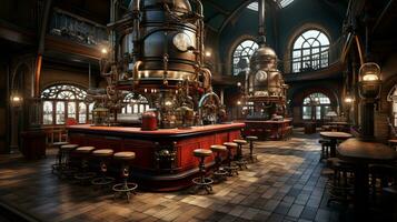 AI generated Steampunk laboratory with brass machinery, glowing concoctions, and stained glass windows photo