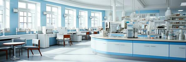 AI generated Sleek modern pharmacy interior in light blue and white tones with organized medication displays photo