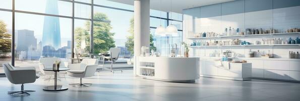 AI generated Sleek pharmacy interior with organized medication displays in light blue and white tones photo