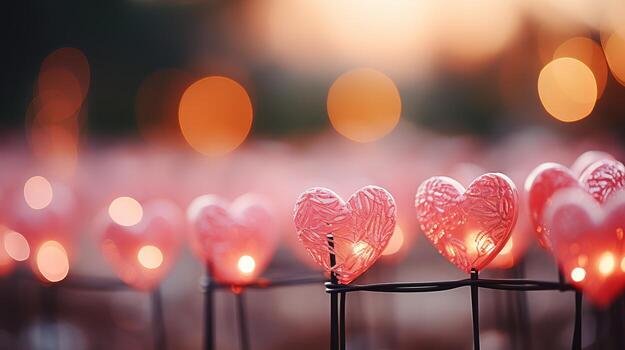 AI generated Pink bokeh background with mini heart symbols and light circles for beautiful poster design photo