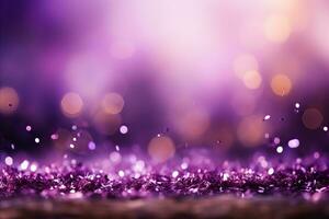 ai generado maravilloso púrpura Violeta y oro Brillantina bokeh antecedentes con fascinante brillante textura foto