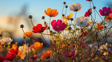 ai generado vistoso cosmos flor campo en iluminado por el sol prado macro cerca arriba con bokeh borroso antecedentes foto