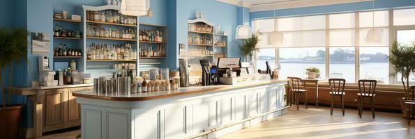 AI generated Sleek furniture and organized displays in modern pharmacy interior with blue and white tones photo