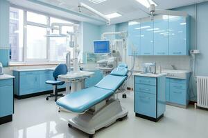 AI generated Contemporary dental clinic interior with light blue and white tones  clean and bright background photo