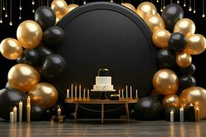 AI generated Blank frame mockup with golden and black balloons and confetti, round frame on golden balloons and golden confetti, AI Generated photo