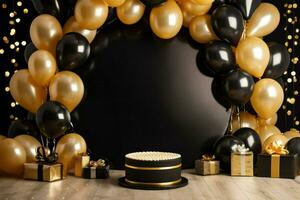 AI generated Blank frame mockup with golden and black balloons and confetti, round frame on golden balloons and golden confetti, AI Generated photo