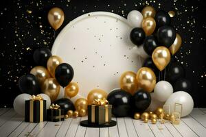 AI generated Blank frame mockup with golden and black balloons and confetti, round frame on golden balloons and golden confetti, AI Generated photo