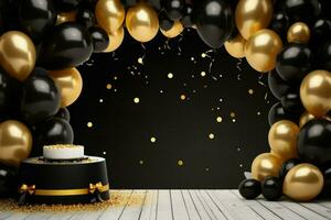 AI generated Blank frame mockup with golden and black balloons and confetti, round frame on golden balloons and golden confetti, AI Generated photo