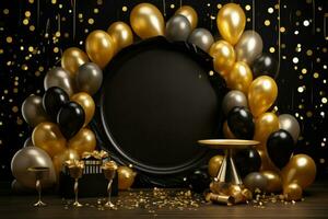 AI generated Blank frame mockup with golden and black balloons and confetti, round frame on golden balloons and golden confetti, AI Generated photo