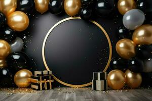 AI generated Blank frame mockup with golden and black balloons and confetti, round frame on golden balloons and golden confetti, AI Generated photo
