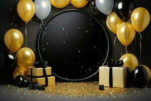 AI generated Blank frame mockup with golden and black balloons and confetti, round frame on golden balloons and golden confetti, AI Generated photo