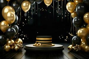 AI generated Birthday frame with golden and black balloons and confetti, Blank frame on golden balloons and golden confetti with black background , AI Generated photo