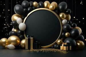 AI generated Birthday frame with golden and black balloons and confetti, Blank frame on golden balloons and golden confetti with black background , AI Generated photo