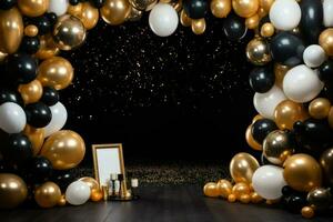 AI generated Birthday frame with golden and black balloons and confetti, Blank frame on golden balloons and golden confetti with black background , AI Generated photo