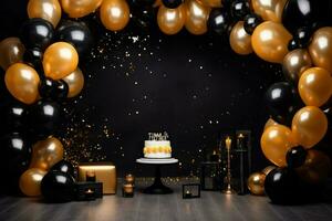 AI generated Birthday frame with golden and black balloons and confetti, Blank frame on golden balloons and golden confetti with black background , AI Generated photo