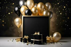 AI generated Birthday frame with golden and black balloons and confetti, Blank frame on golden balloons and golden confetti with black background , AI Generated photo