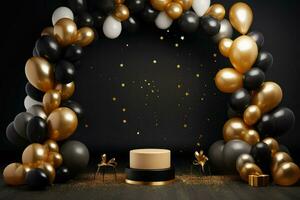 AI generated Birthday frame with golden and black balloons and confetti, Blank frame on golden balloons and golden confetti with black background , AI Generated photo