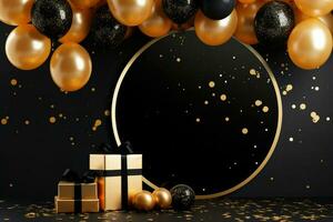 AI generated Birthday frame with golden and black balloons and confetti, Blank frame on golden balloons and golden confetti with black background , AI Generated photo