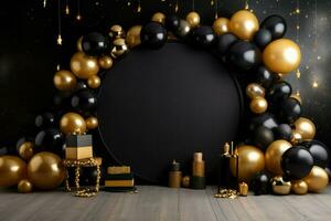 AI generated Birthday frame with golden and black balloons and confetti, Blank frame on golden balloons and golden confetti with black background , AI Generated photo