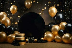 AI generated Birthday frame with golden and black balloons and confetti, Blank frame on golden balloons and golden confetti with black background , AI Generated photo