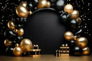 AI generated Birthday frame with golden and black balloons and confetti, Blank frame on golden balloons and golden confetti with black background , AI Generated photo