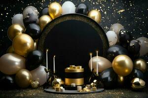 AI generated Birthday frame with golden and black balloons and confetti, Blank frame on golden balloons and golden confetti with black background , AI Generated photo