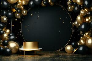 AI generated Birthday frame with golden and black balloons and confetti, Blank frame on golden balloons and golden confetti with black background , AI Generated photo