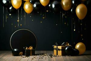 AI generated Birthday frame with golden and black balloons and confetti, Blank frame on golden balloons and golden confetti with black background , AI Generated photo