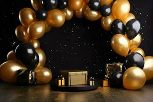 AI generated Birthday frame with golden and black balloons and confetti, Blank frame on golden balloons and golden confetti with black background , AI Generated photo